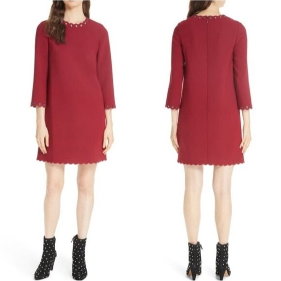 KATE SPADE Red Scalloped Grommet Trim Shift Dress Women's Size 2 - Picture 2 of 16